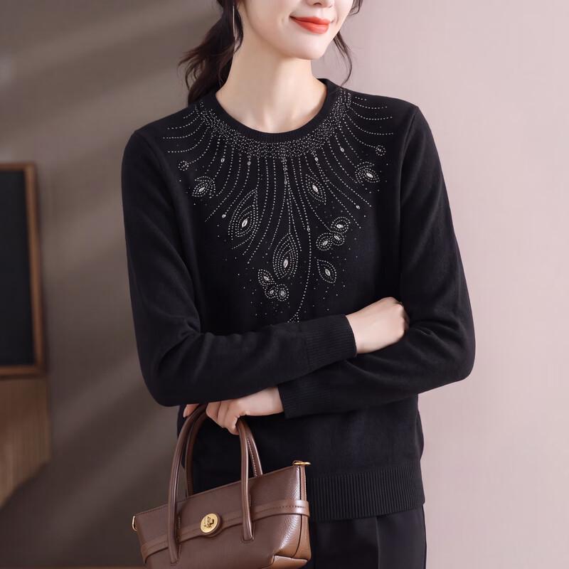 Hengyuanxiang Women's French Style Rhinestone Crewneck Knit Sweater