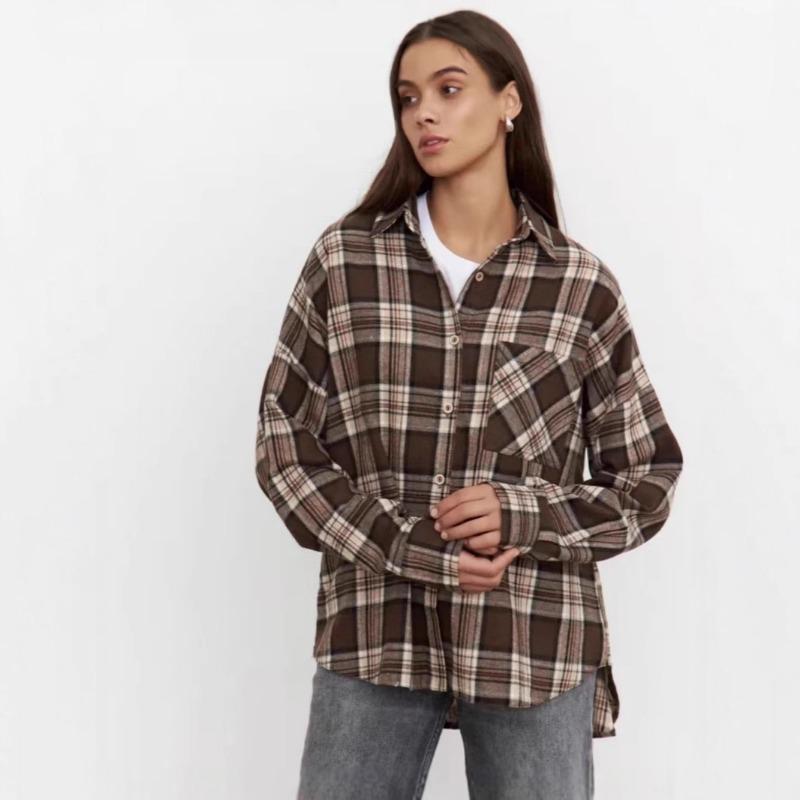 women plaid button down shirt collared long sleeve casual oversized fit blouse S коричневый