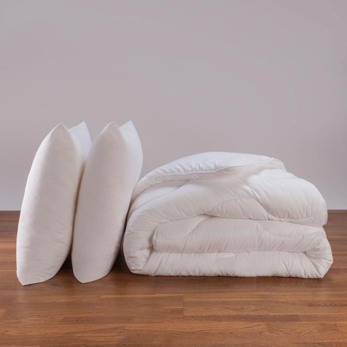 Couette - Anti-acariens - 240x260 cm - 300 g/m² - 2 oreillers inclus - Polyester blanc