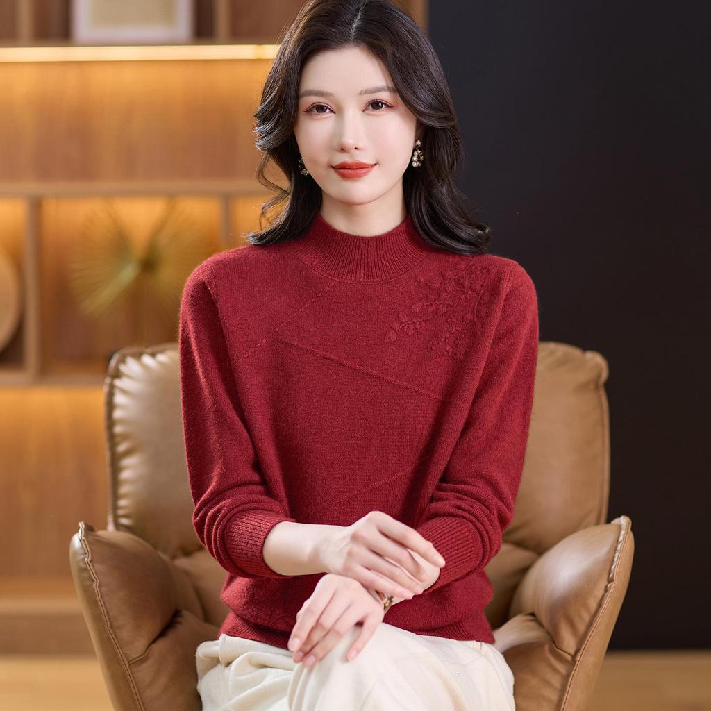 Women's Thickened Wool Sweater for Autumn & Winter - Mid-aged & Elderly Half-high Collar Warm Knit Shirt
