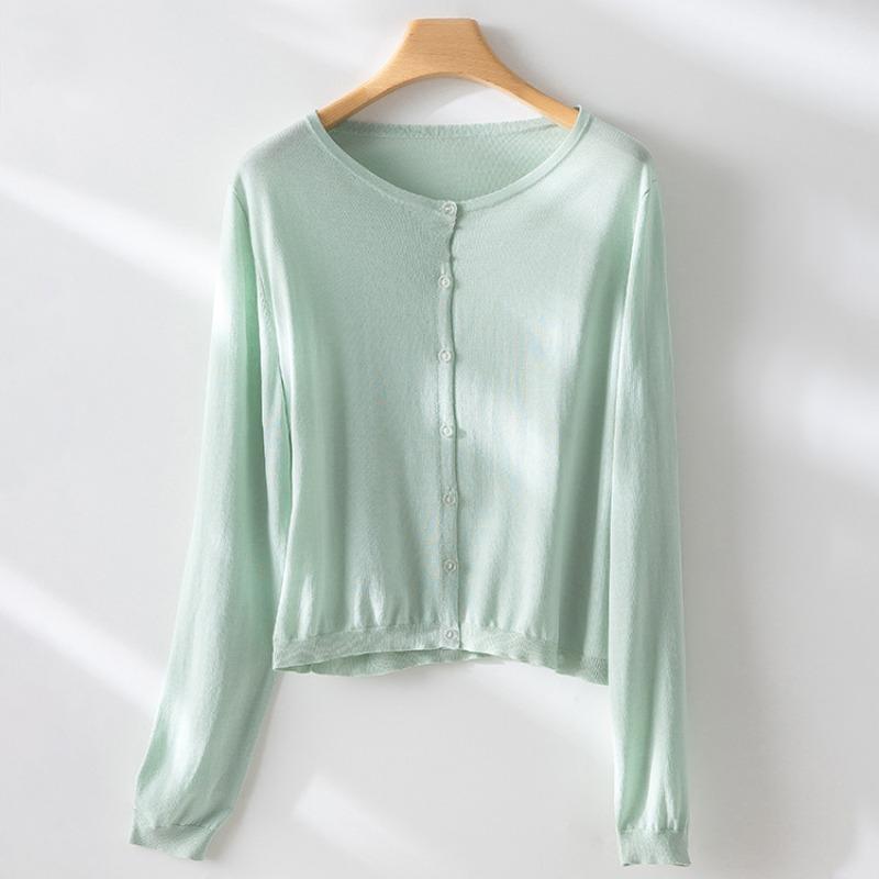 

Однобортный вязаный кардиган женский летний новый тенсел солнцезащитный ленивый повседневный с круглым вырезом с длинным рукавом топ куртка L