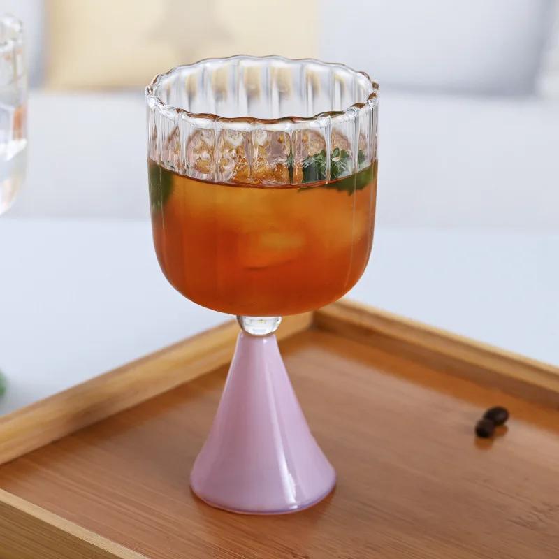 Small Ins Champagne Cup High Beauty Household Red Wine Cup Heat Resistant Vertical Textured Glass Mug Dessert Juice Goblet