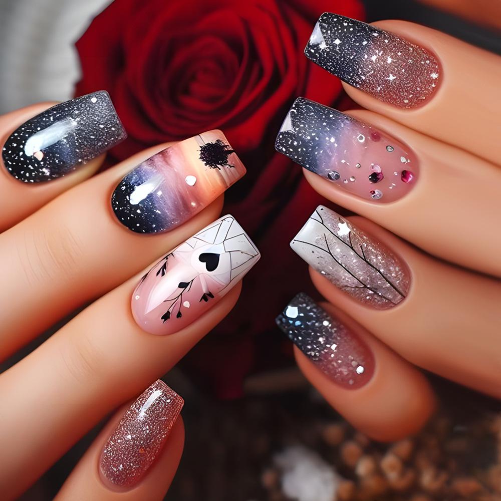 24 Pcs Medium Length Ballet Press On Nails Brown Floral Design Full Cover Detachable Fake Nails Manicure Set