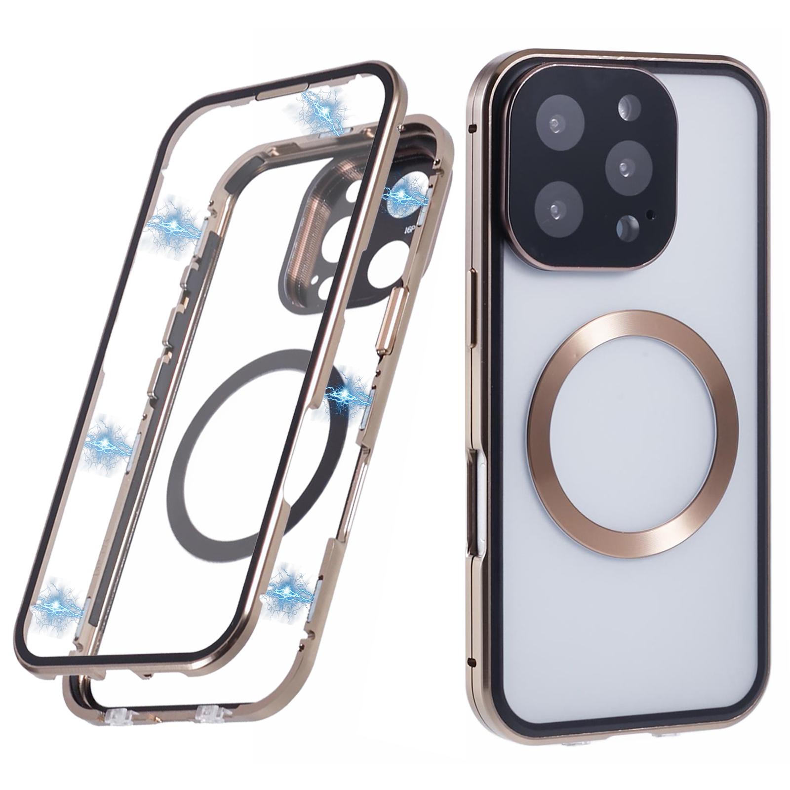 

For iPhone 16 Pro Case Double Sides Tempered Glass Phone Cover Compatible with MagSafe Full Protector Gold
