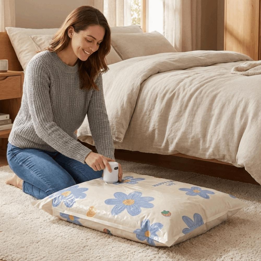 4PCS Blue Floral Pattern Vacuum Compression Bag Space Saving Large Capacity Vacuum Storage Bag Moisture-proof Dust-proof