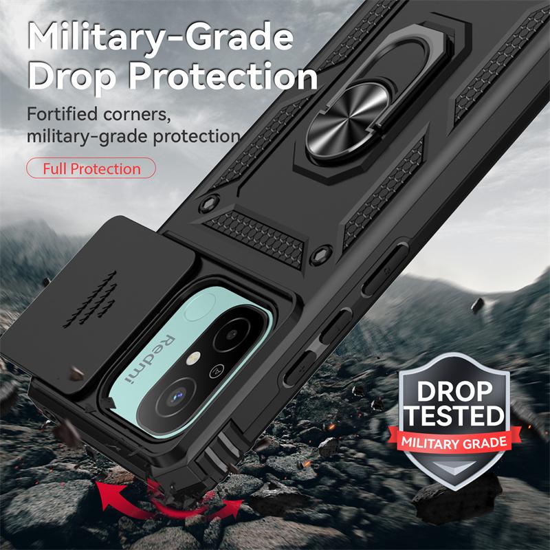For Xiaomi Redmi 12C 4G Case Armor Shockproof Slide Lens Cover For Redmi12C 12C 12 C Magnet Car Holder Ring Case For Redmy 12C