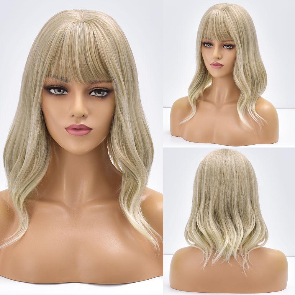 Short Bob Synthetic Wig Ombre Pink Water Wave Hair Wigs For Black Women With Bangs Cosplay Lolita Heat Resistant Natural Hair