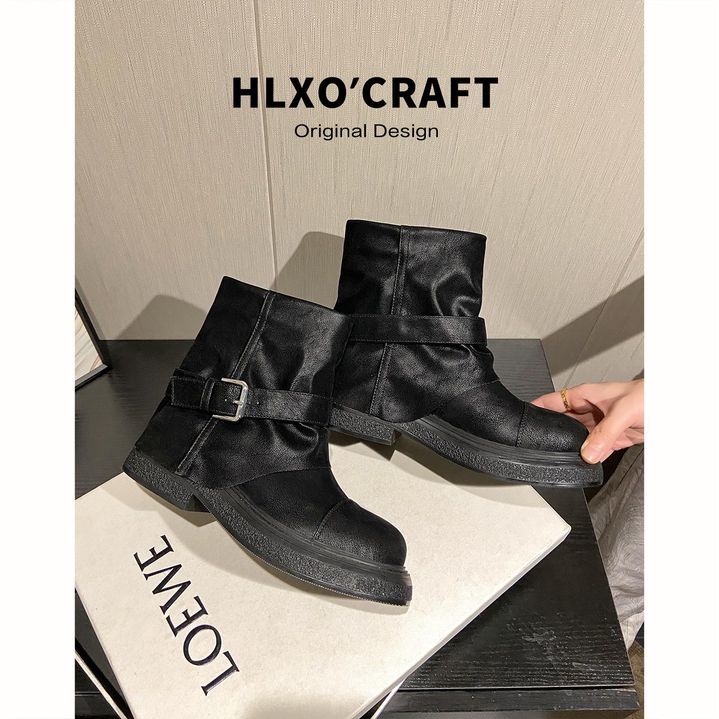 

Soft leather version~ retro thick-soled khaki Martin boots women s 2025 new versatile leather buckle with sleeve, tube pants, short boots 40 чёрный