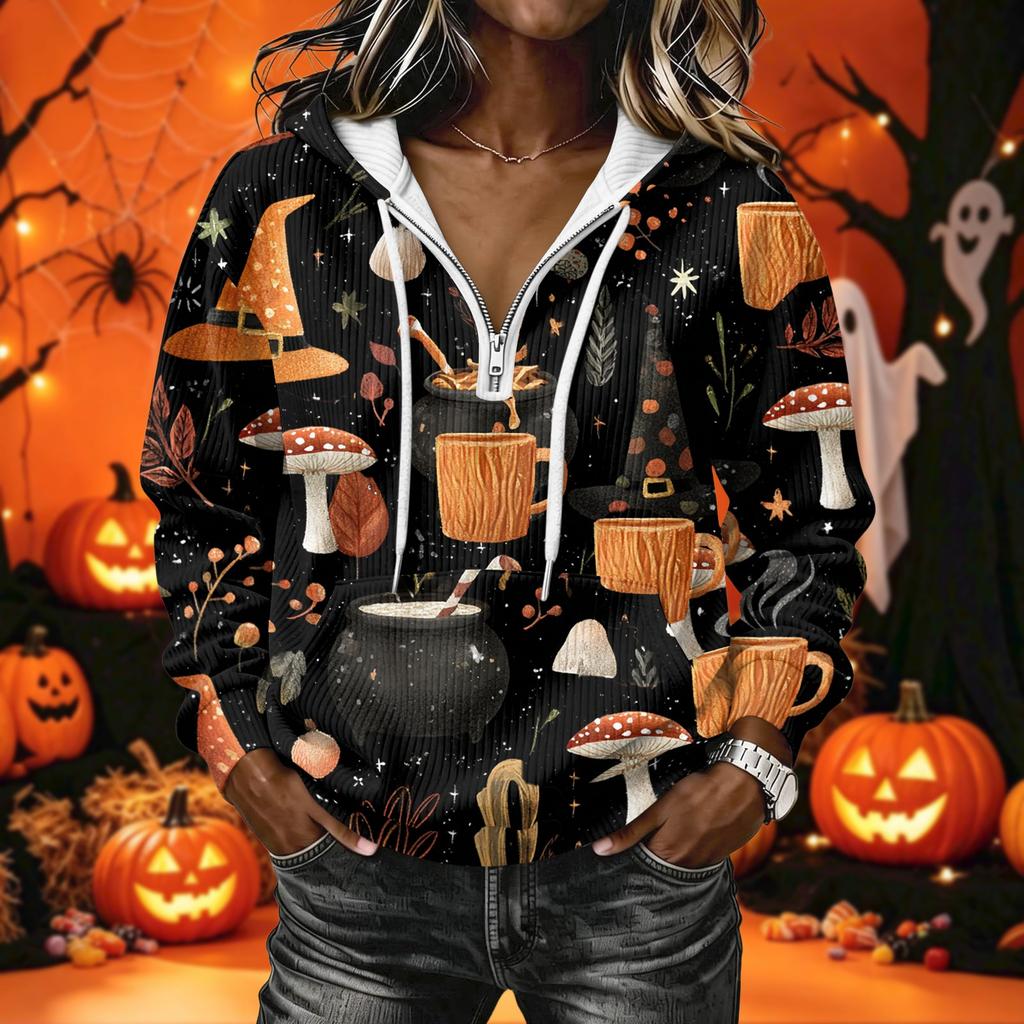 Women's Long Sleeve Hoodie Sweatshirt with Halloween Print for Casual Wear