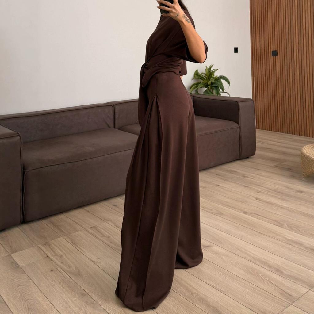 European and American women's clothing new round neck short-sleeved lace-up waist top mopping floor wide-leg pants temperament set