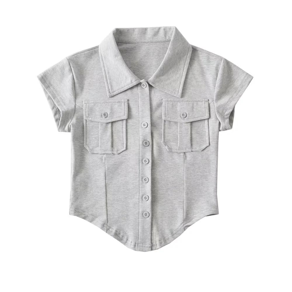 Double Pocket POLO Collar Short Sleeved Women'S New Curved Hem Irregular Top Single Breasted T-Shirt