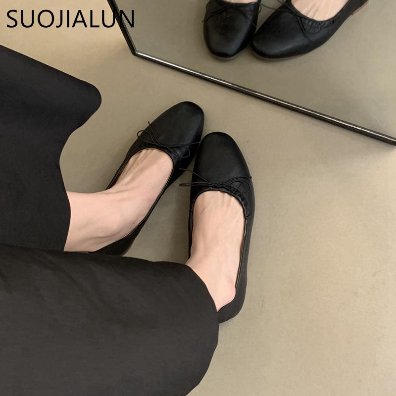 Mode SUOJIALUN 2024 Printemps Nouveauté Femmes Mocassins Mode Plats Bout Rond Nœud Coulissant Ballerines Chaussures Souples Plates Dames Décontracté Robe Ballet Sh