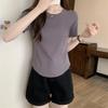 2025 Summer Women's Fishbone Pattern Short-Sleeve Slim T-Shirt, Korean-Style Simple Solid Color Top