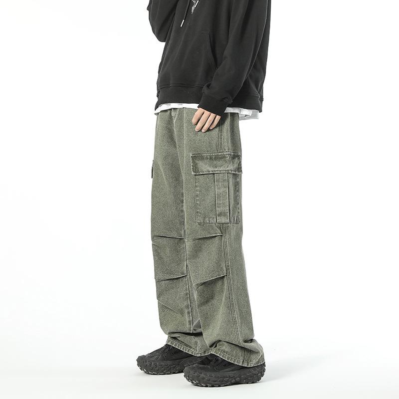 JIAMU Men's Retro High Street Loose Cargo Straight Jeans for Autumn/Winter