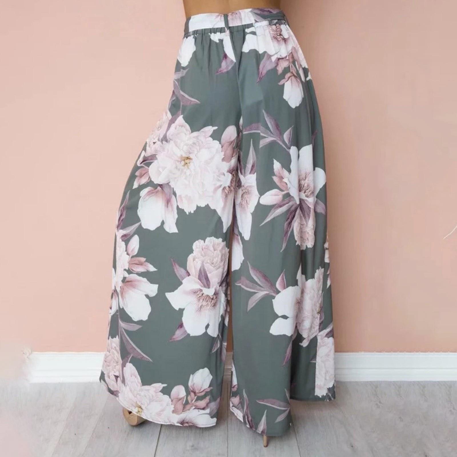 

Женские длинные широкие брюки-палаццо с цветочным геометрическим принтом, эластичные брюки с высокой талией и поясом, свободные брюки-кюлоты макси S серый