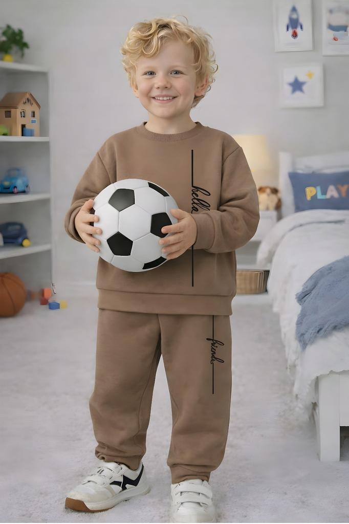 Children' Warm Tracksuit Set 98 Two-Piece With Cappuccino Print
