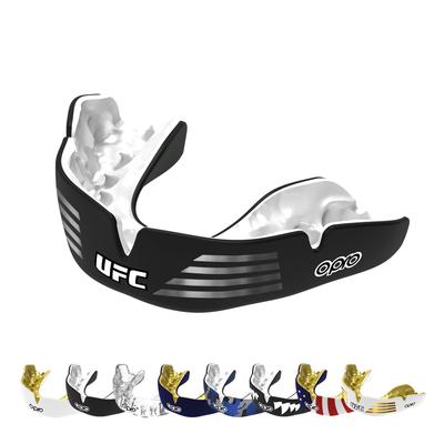 Protector Bucal OPRO Protector Bucal Deportivo Personalizado Hecho en Inglaterra [Ajuste Instantáneo] [Tienda Oficial] (Adulto, UFC/Negro y Plata)