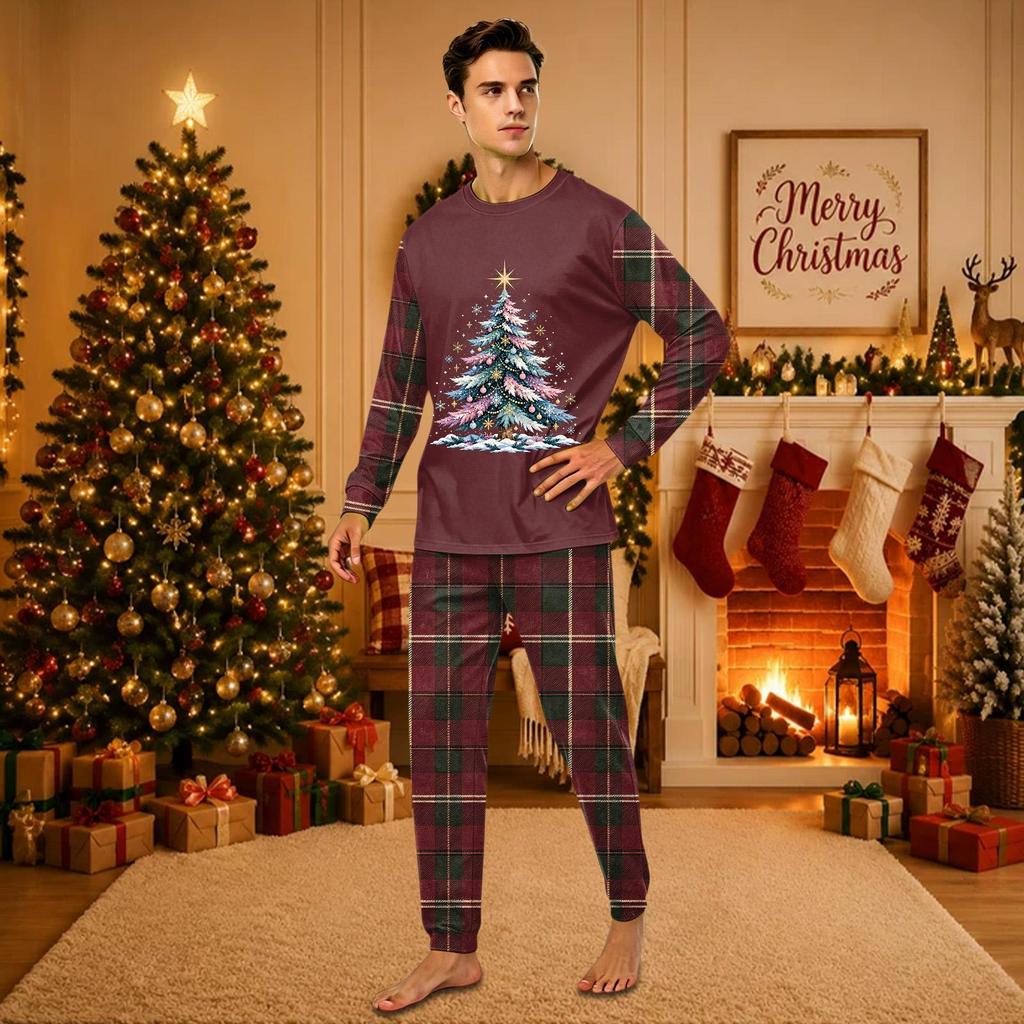 Christmas-print long-sleeve and long-pant matching family loungewear set