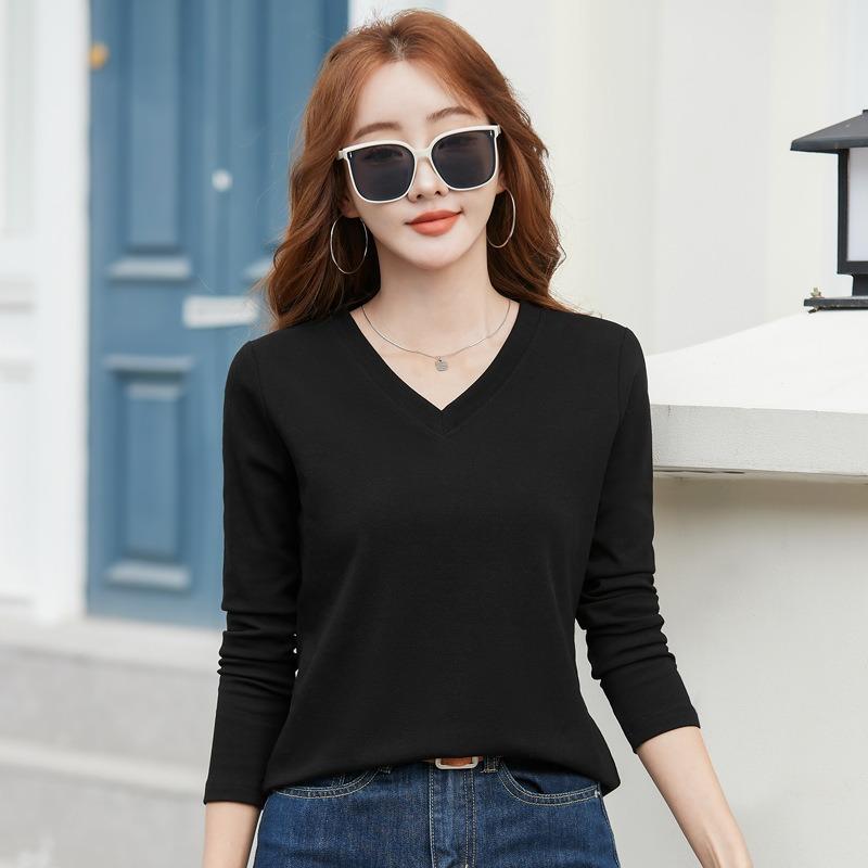 Neues Frühling Herbst Locker Lässig V-Ausschnitt Langarm T-Shirt Damen Einfarbig Baumwolle Unterhemd Oberteil