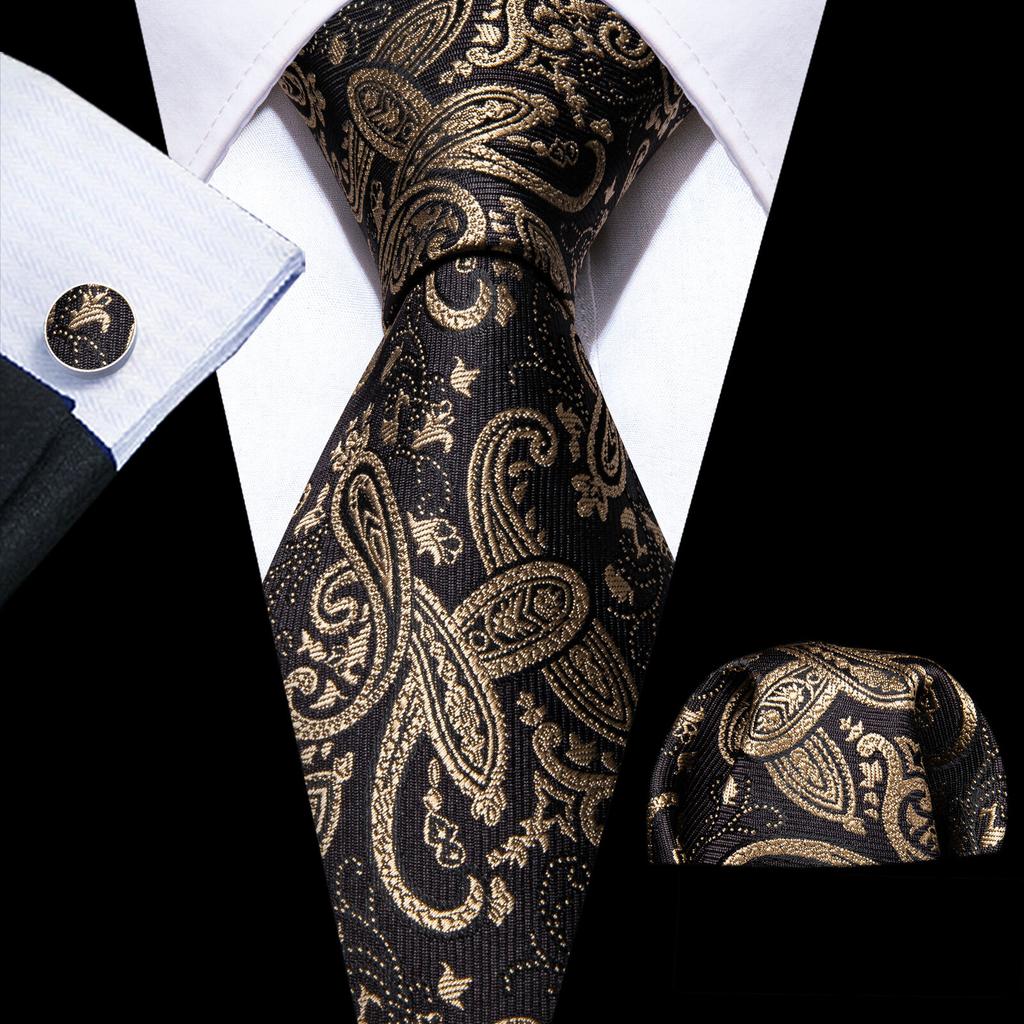 Barry.Wang Floral Ties for Men Woven Paisley Wedding Necktie Handkerchief Cufflinks Formal Casual Set