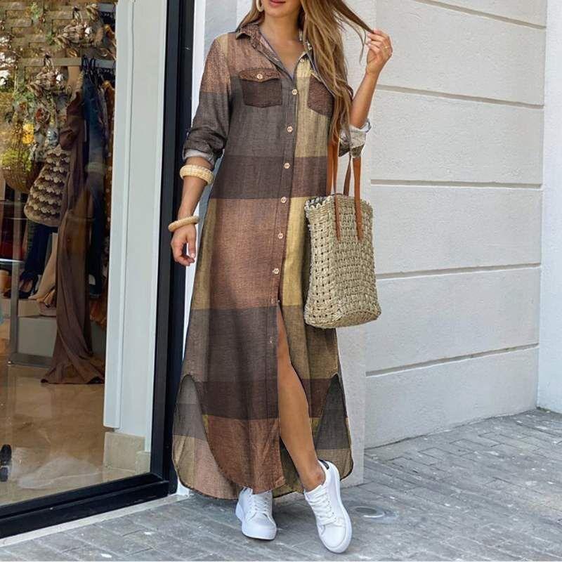 Moda Primavera e Autunno EastRogue Camicia Sexy Monopetto Gonna Lunga Abito Ampio con Revers