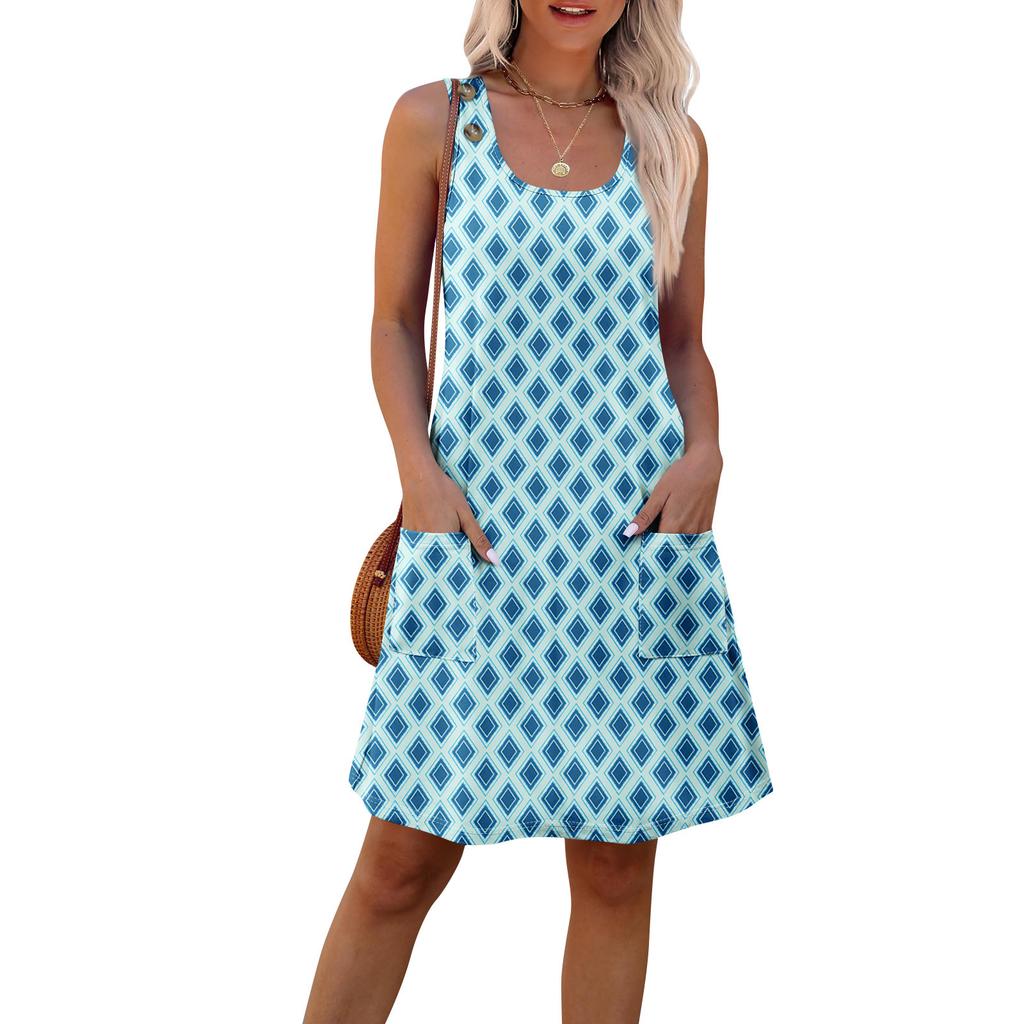 Summer Dresses For Women Beach Boho Sleeveless Printing Flowy Pocket Tshirt Tank Sundresses