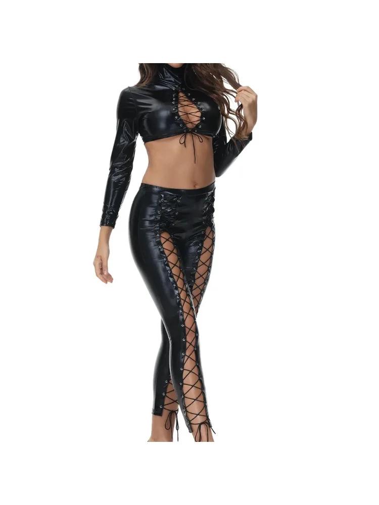 Erotic New Women's Sexy PU Faux Leather Two Piece Set Lace-Up Crop Top And Bandage Pants Birthday Night Club Outfit Matching Set
