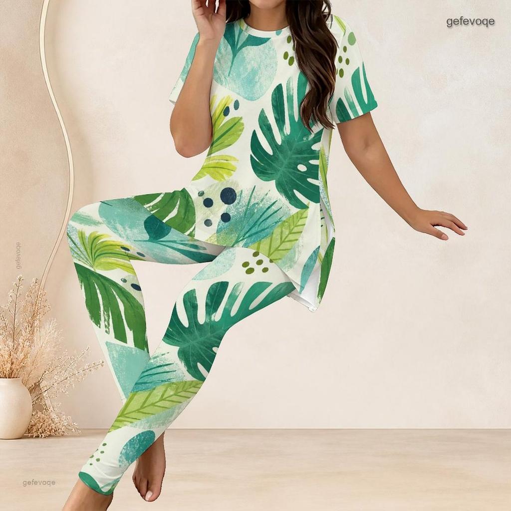 Women Plus Size Green Abstract Printed Two Piece Set Round Neck Short Sleeve Top Fitted Long Pants