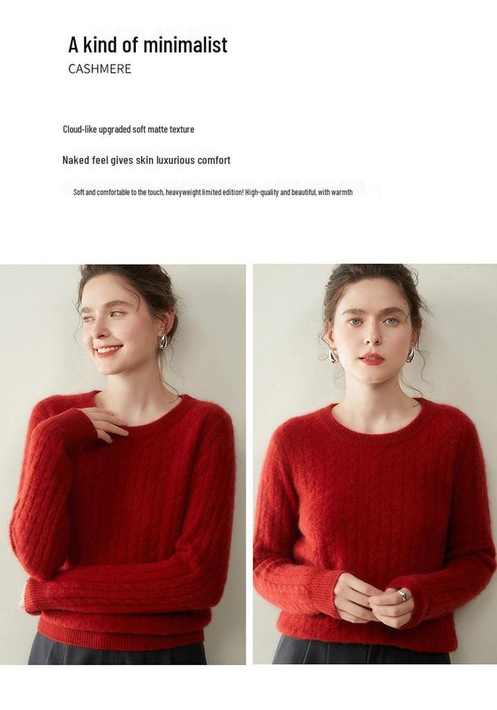 Women's Cashmere Cable Knit Sweater - Loose, Round Neck, Short, Thick for Autumn/Winter