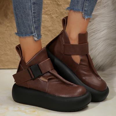 Round Toe Thick Sole  Leather Retro Flat Platform Shoes Women's Leisure Roman Retro Ankle Boots Anti-Slip Zapatillas De Mujer