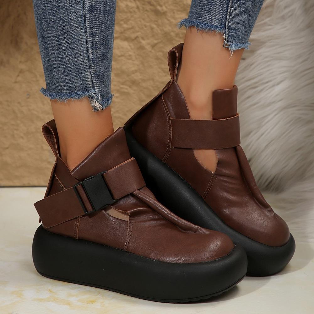 Runde Zehenpartie Dicke Sohle Leder Retro Flache Plateau-Schuhe Damen Freizeit Römisch Retro Stiefeletten Rutschfest Zapatillas De Mujer