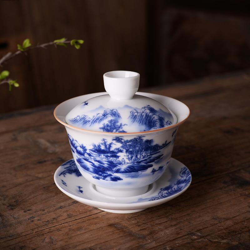 Large cover bowl teacup ceramic creative 180ml tea bowl blue and white kung fu tea set sweet white porcelain sancai cover bowl