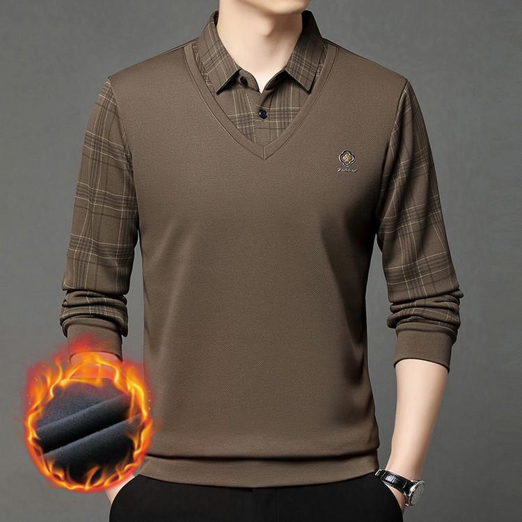 Men's Autumn/Winter Faux Two-Piece Fleece Polo Base Layer Shirt