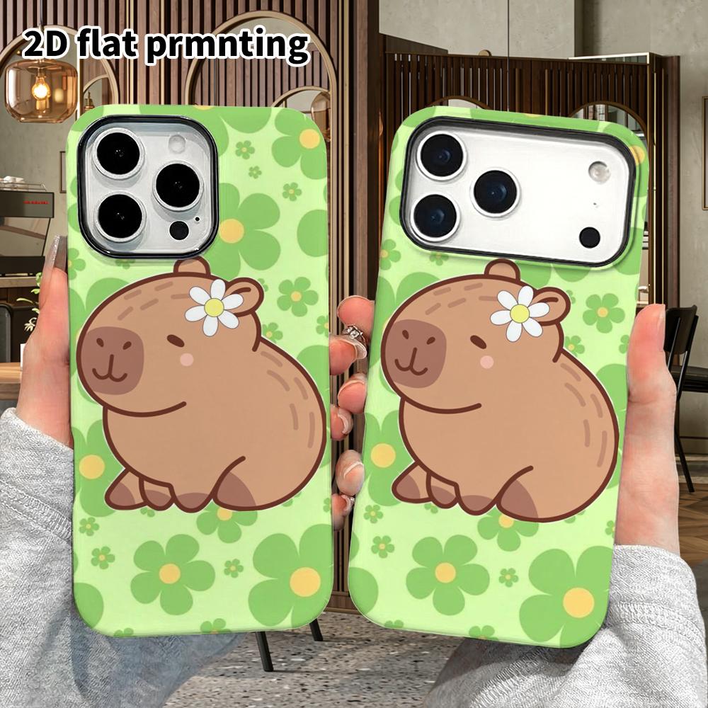 Phone Case: 2D Flat Design Suitable for iPhone 18, 17, 16, 15, 14, 13 Pro Film Protective Case, Couple Style, Little Flower Capybara, Christmas and Ha