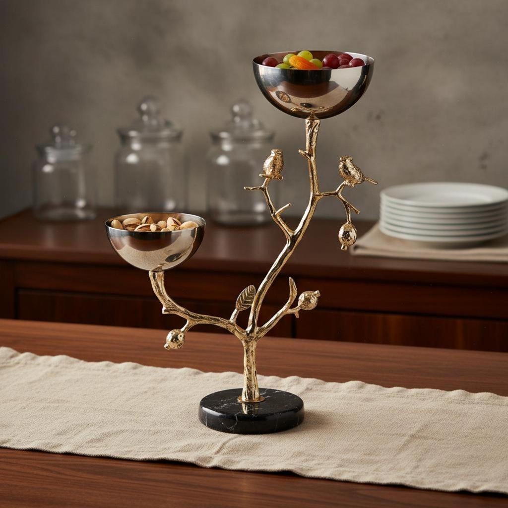 Bird On Branch Serving Bowl Abstract Art Design 2-Tier Fruit Stand Marble Base