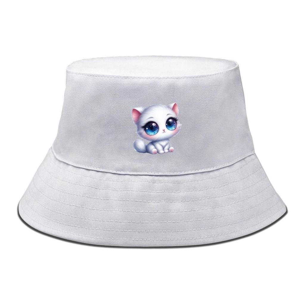Cappello a secchiello con stampa gatto, carino cappello da pescatore con animale domestico cartone animato semplice reversibile color caramella cappello da spiaggia