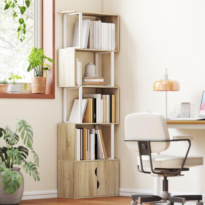 Bookshelf - HOMCOM - 5 Levels - Shelves and Double Door Cabinet - Particleboard - 60 X 23.8 X 179.2 Cm - Natural Wood