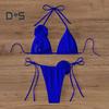 2Pcs/Set Women Bikini Set Lace-up Halter Padded Bra Swimming Trunks Set 3D Flower Decor Beach Style Swimwear