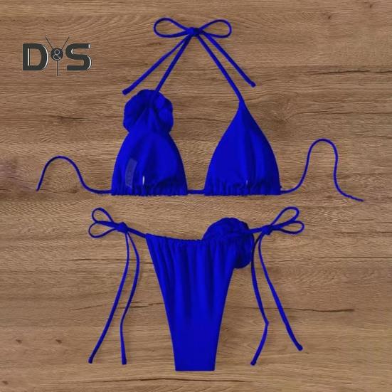2Pcs/Set Women Bikini Set Lace-up Halter Padded Bra Swimming Trunks Set 3D Flower Decor Beach Style Swimwear