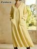 Spring New Loose Casual Solid Color V-Neck Pocket Long Sleeve Cotton Linen Dress