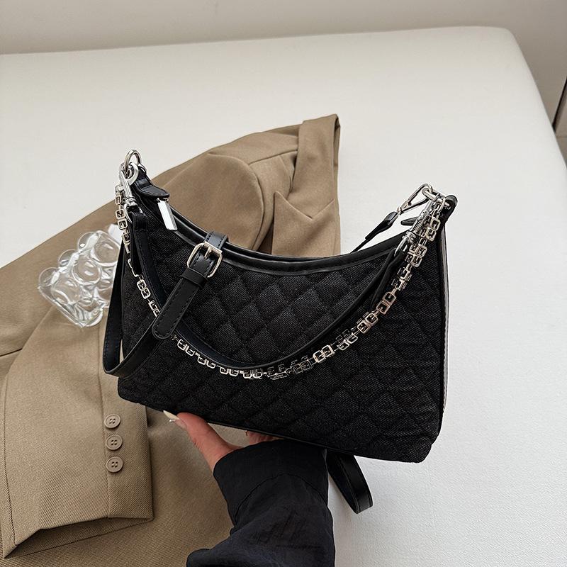 Denim Underarm Bag Women's 2025 New Trend Rhombus Embroidery Thread Chain Single Shoulder Oblique Span Bag Commuter Bag
