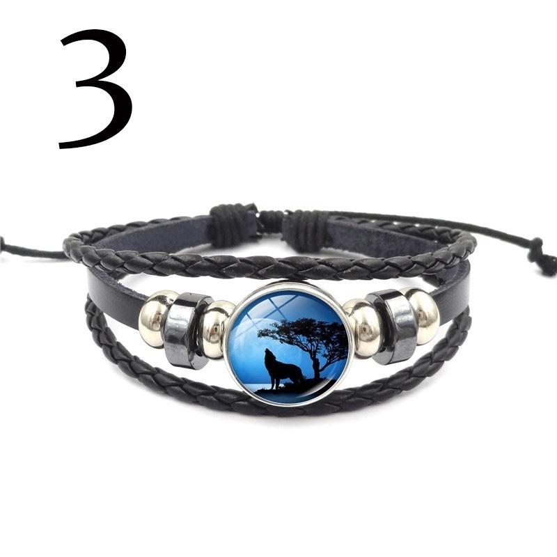 Black Leather Bracelet Wolf Head Glass Metal Buckle Punk Jewelry Weave Multilayer Bracelet Charm Wo