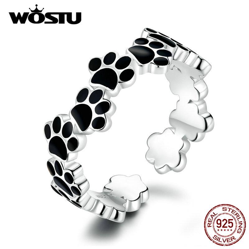 WOSTU Authentic 925 Sterling Silver Footprint Paw Dog Ring For Women Adjustable Open Balck Rings Party Fashion Jewelry CQR603