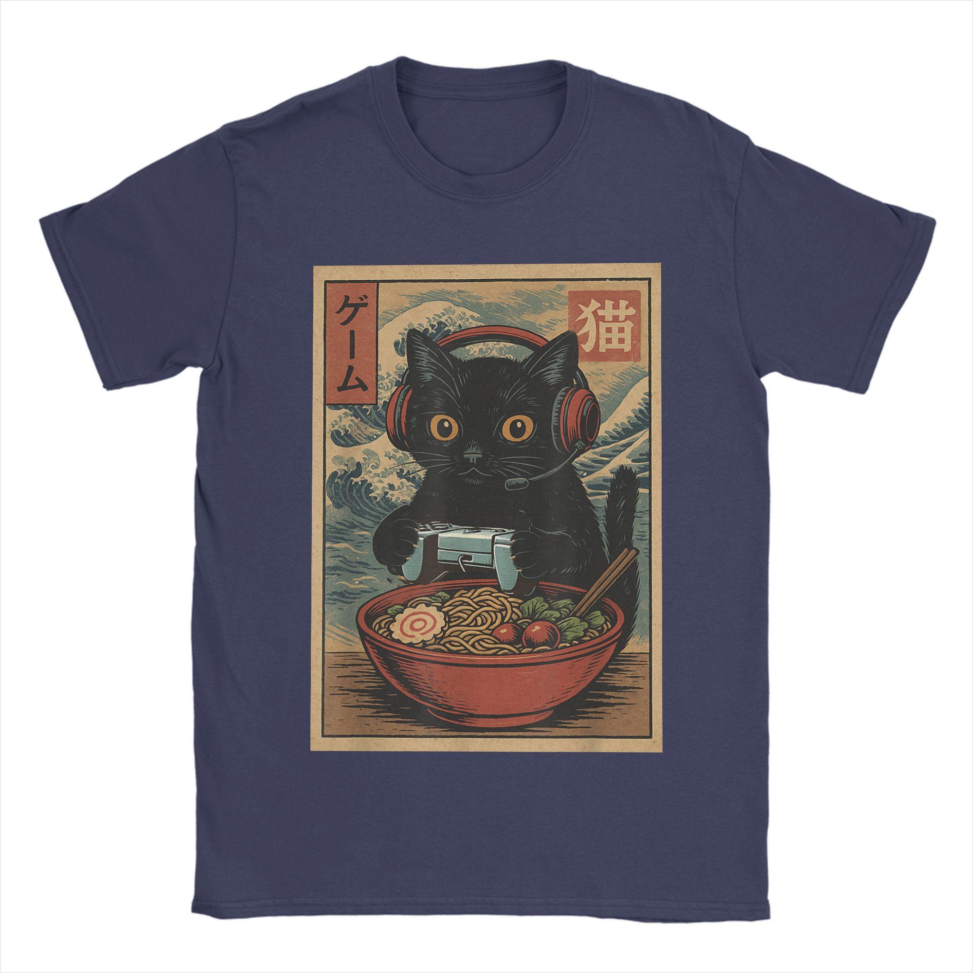 

Awesome Japanese Black Cat Ramen T-Shirts Men O Neck 100% Cotton T Shirts Kawaii Noodle Cat Short Sleeve Tees Original Tops 4XL