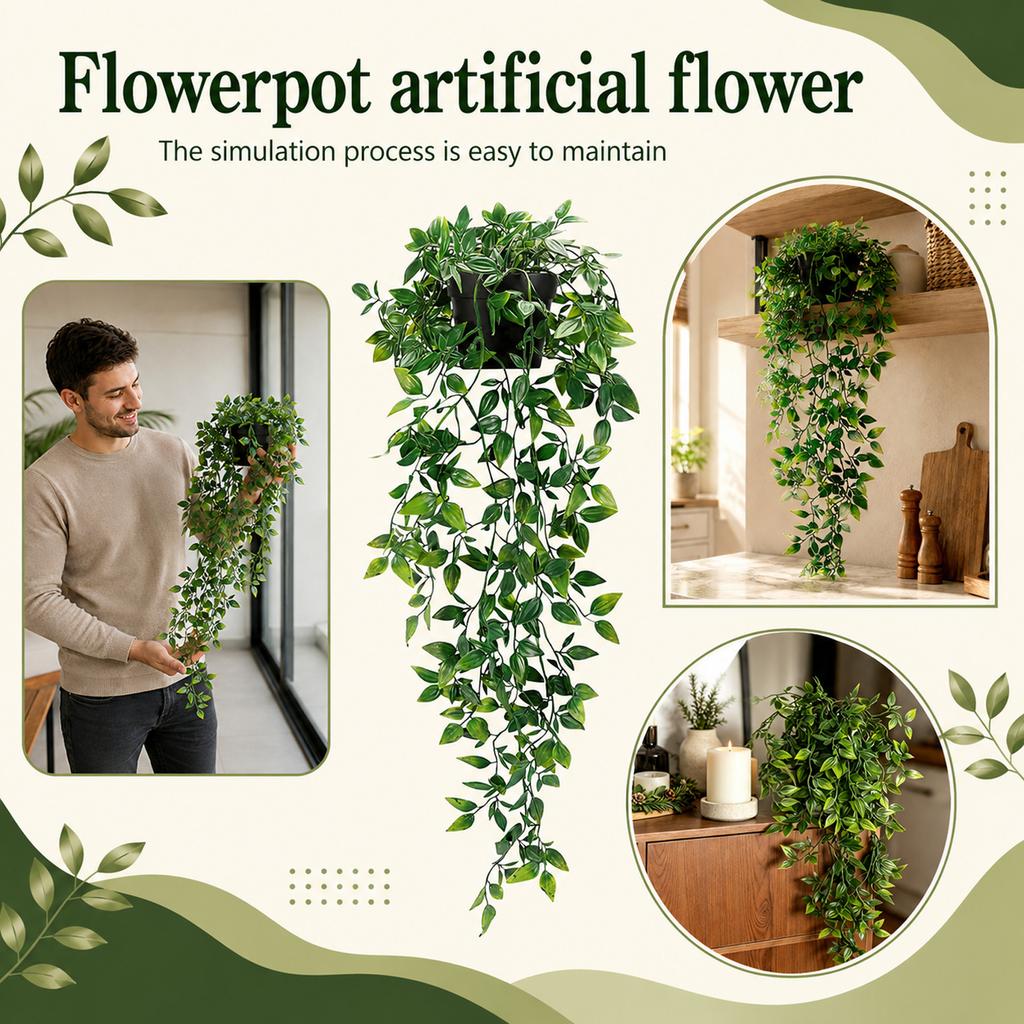 Artificial Hanging Plant with Pot Realistic Hanging Vine Faux Greenery for Indoor Outdoor Decoration Durable Plastic Leaves