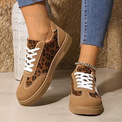 Frühling Herbst Leopard Damen Vulkanisierte Schuhe Schnürung Leicht Braun Freizeit-Sneaker für Damen Größe 36-42 Zapatos De Mujer