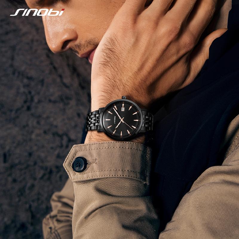 SINOBI Brand Business Men's Quartz Watches 38mm Dial Plate Stainless Steel Strap Calendar Date High Quality Men Wristwatch