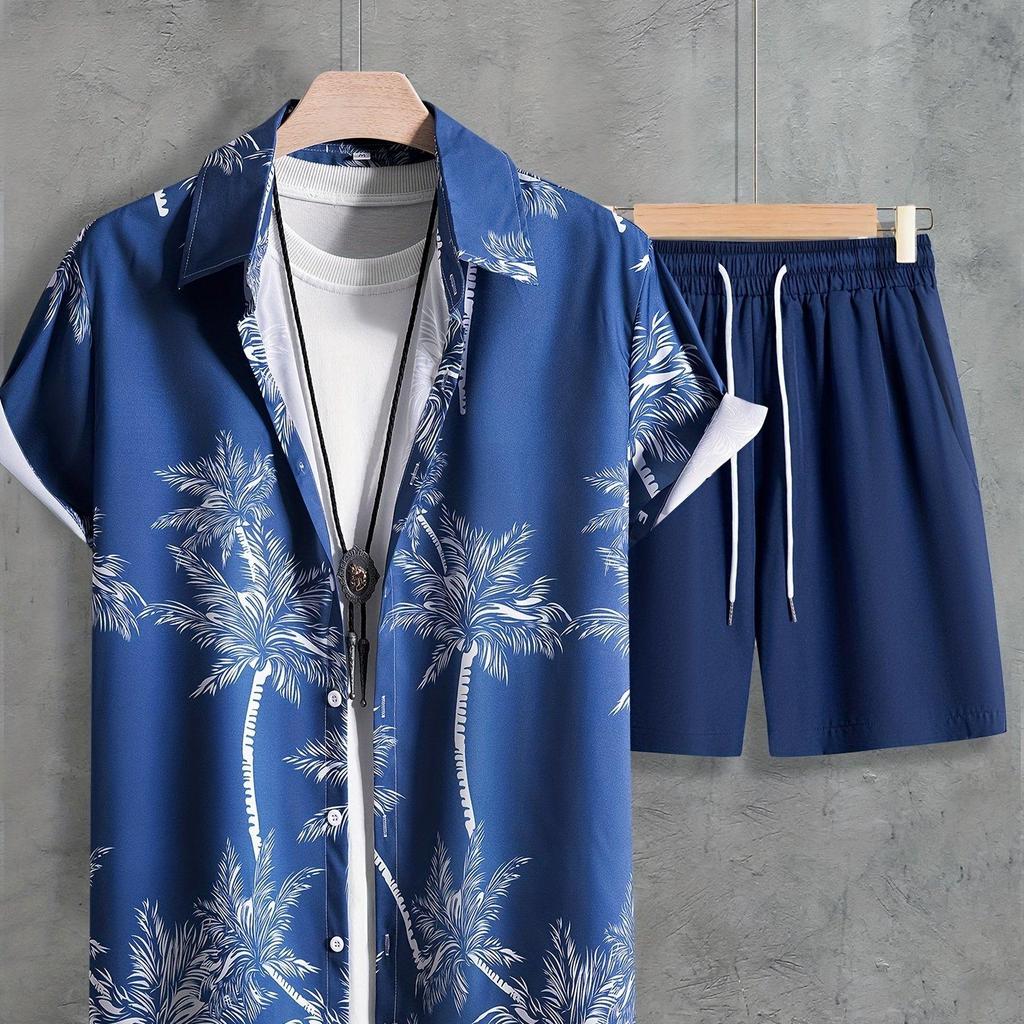 Coconut Tree Print Men's Short-sleeved Shirt And Beach Shorts Set Summer Everyday Men's Casual Shirt And Beach Pants