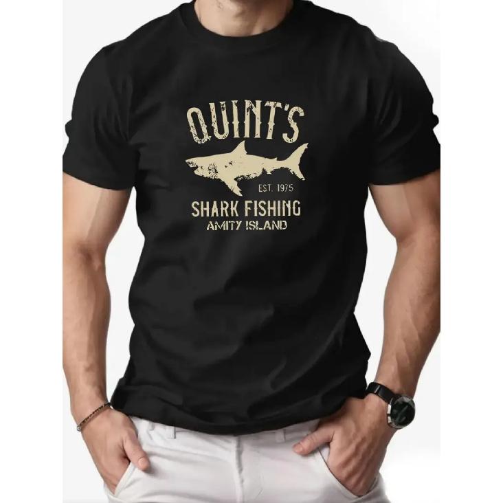 Men S Quint S Shark Fishing Graphic T-Shirt - White Retro 1975 Vintage Design with Amity Island Shark Attack Print, Casual Summer Short Sleeve Round S чёрный