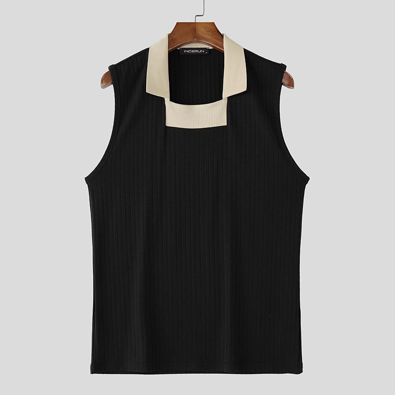 

INCERUN Men Square Collar Sleeveless Stitching Rib Casual Tank Tops Undershirts L чёрный